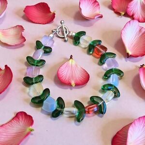 Springtime Green and Blue Glass Floral Bead Bracelet FREE Matching Earrings!